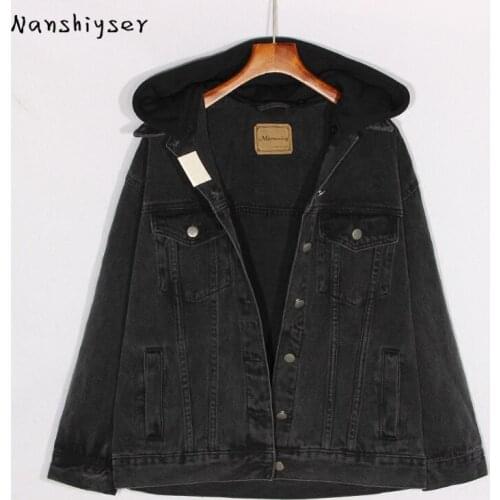 Autumn Plus size Women Letter embroidery Removable hooded Black Denim jacket Ropa de mujer Batwing sleeve Casual Bomber jacket