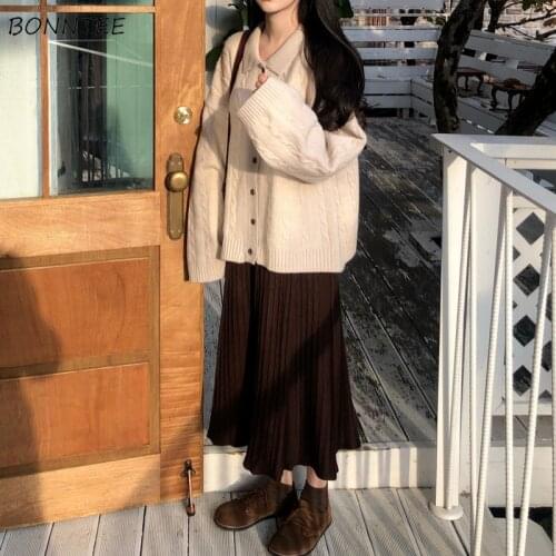 Women Sets Oversize Autumn Solid Long Sleeve Cardigans Plus Size 3XL Casual Pleated Skirts Korean Style Trendy Elegant Lady New