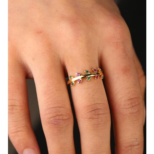 2019 gold color tree ring jewelry us size gold filled rainbow cubic zirconia cz paved tree for women charm party finger ring