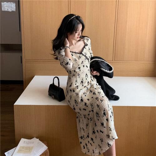 Print Floral Dress Women Casual Vintage V-Neck Three Quarter French Slim Party Midi Dress Elegant Korean Fashion Dress