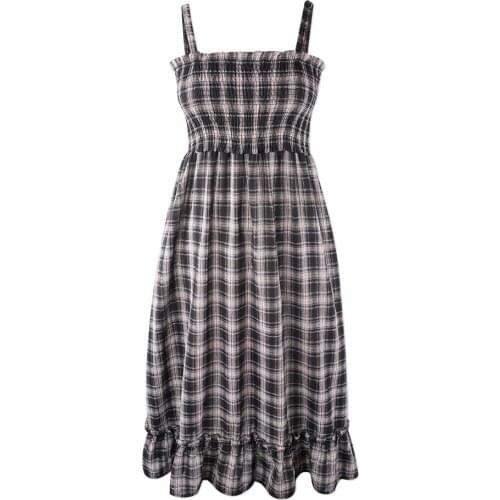 Neatie kiddie Women Vintage Plaid Women Midi Dress High Waist Square Sleeve Strap Ruffle Bottom Ladies Casual Vestidos