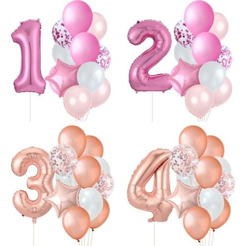 12Pcs Pink Rose Gold Number Foil Balloons Birthday Party Decorations Kids 1st/2nd/3rd Years Old Girl Boy Baby Shower Balloon