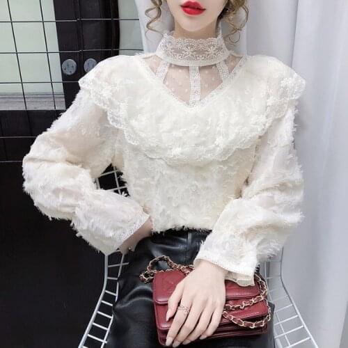 Fashion Lace Bottoming Shirt Womens Early Spring New Super Fairy Loose Wild Cute Mesh Collar Ruffled Top Sexy Lady Blouses