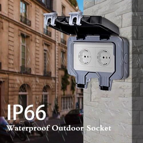 IP66 Electrical Socket EU Standard Double Socket With Protective Cover Rain-proof Household Socket Outdoor Wall Surface Mounted