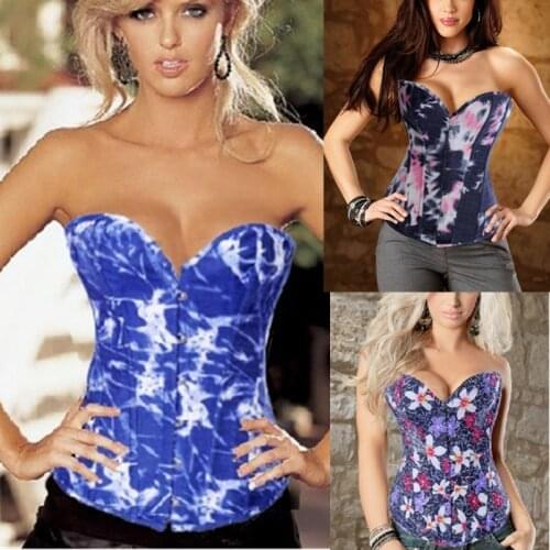 Gothic Underbust Corset Women Sexy Floral Denim Bustier Overbust Corset Tops Blue Sexy Vintage Waist Cincher Body Shaper Corsets
