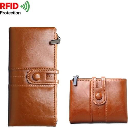 RFID Wallets High grade oil wax leather Long Wallet Women Retro Lady Purse Female Wallets Card Holder Clutch Carteras Man 2020