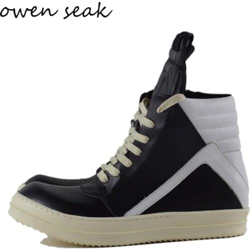 Owen Seak Men High-TOP Ankle Genuine Leather Sneakers Luxury Women Boots High Street Casual Lace-up Zip Flat Black White Shoes