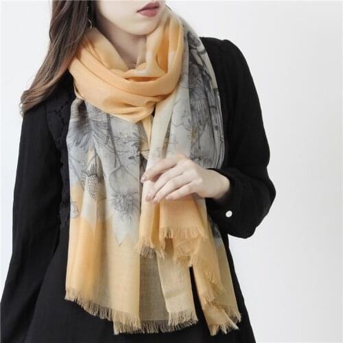 Lightweight Chinese painting style yellow gray autumn winter women cashmere scarf shawl dual-use