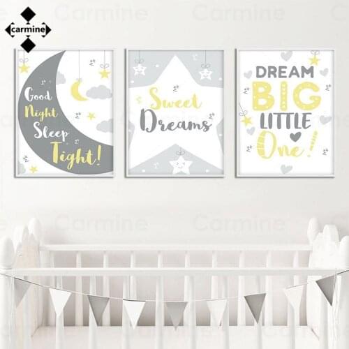 Cartoon Stars and Moon Wall Art Poster Letters Sweet Dreams Canvas Picture Nordic Print Painting for Home Interior Bedroom Decor