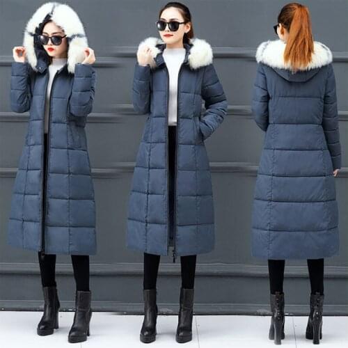 New Womens Jacket Cotton Coat Big Fur Collar Hooded Fashion Warm Winter Thick Large Size Long Over The Knee Warm Jacket
