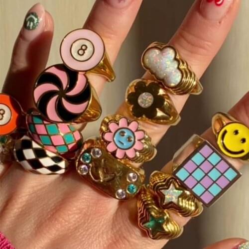 New INS Lattice Digital Lollipop Rings for Women Punk Goth 8090s Aesthetic Charm Vintage Shiny Cloud Rings Y2K Jewelry Friends