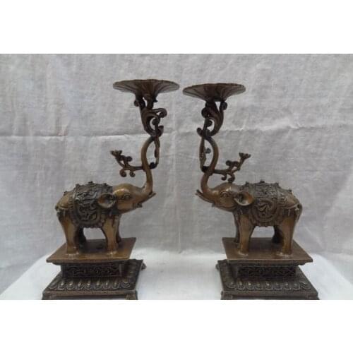 Song voge gem S3030 12" Chinese Bronze Fly Dragon Phoenix Statue Elephant Candle Stick Holder Pair