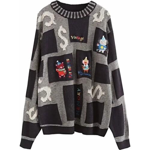 Harakuju Cartoon emroidery Casual Women Knitted Pullovers Sweaters 2020 Winter Vintage Long Sleeve O-neck Basic Girly Warm Top