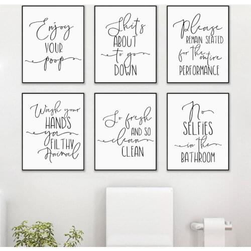 Modern Interesting Toilet Quote Decorative Picture Bathroom Wall Art Canvas Painting Prints Black White Washroom Decor Poster
