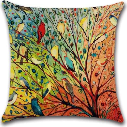 Hundred Bird Forest Oil Painting Printed Faux Linen Throw Pillowcase Emerald Green Blue Yellow Flower Trees Cushion Cover Set