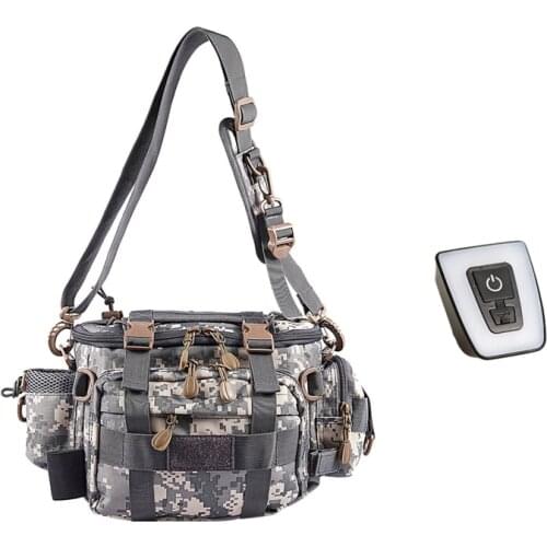 Fishing Bag Outdoor Single Shoulder Fishing Waist Pack Bag with Bike Bicycle Light USB Rechargeable Bicycle Front Light