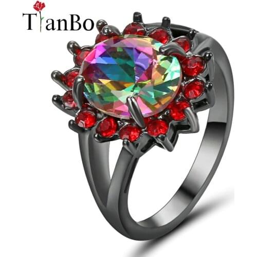 TianBo Top Quality Princess Created Purple / RainBow Gem Crystal Silver/Black/Gold Color Wedding Finger Ring Brand Jewelry Size8
