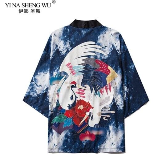 Japanese Kimono Yukata Women Male Cardigan Casual Print Shirt Fashion Cosplay Costume Crane Tops Beach Jacket Chinese Style Coat