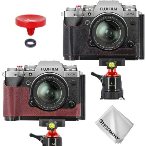 Camera Genuine Leather half Case Protective Bag + Quick Release L Plate Bracket for Fujifilm Fuji XT4 + Shutter Release Button
