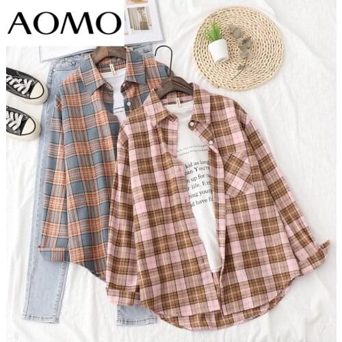 AOMO 2021 Women Retro Oversized Plaid Print Blouse Long Sleeve Chic Female Casual Loose Shirt Tops XQ04A