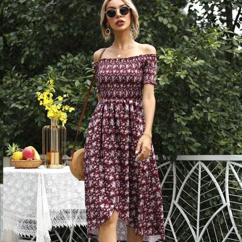 Woman Casual Bohemian Beach Dress 2021 Summer Sexy One-neck Off Shoulder Slim Dresses For Women Irregular Short Sleeves Dress