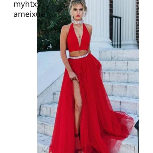 2021 Sexy Red Evening Dresses A-line Floor Length Side Split Backless Sweep Train Evening Gowns Custom Made Robe De Soiree