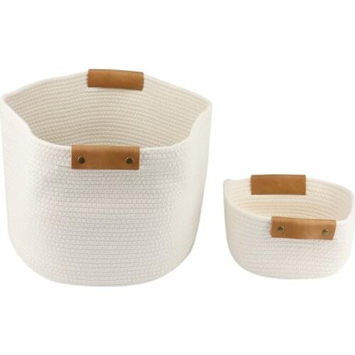 2Pcs Cotton Rope Woven Leather Handle Household Laundry Basket Cosmetics Sundry Arrangement Storage Frame