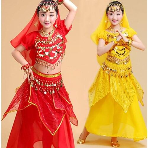 5PCS/Set Girl Belly Dance Costumes Set Kid Dance Clothes Kids Indian Bollywood Stage Performance for Girl Children Belly Dancing
