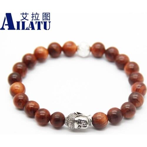 Ailatu Fashion Natural Wood Beads Buddha Head Elastic Bracelet Jewelry For Men