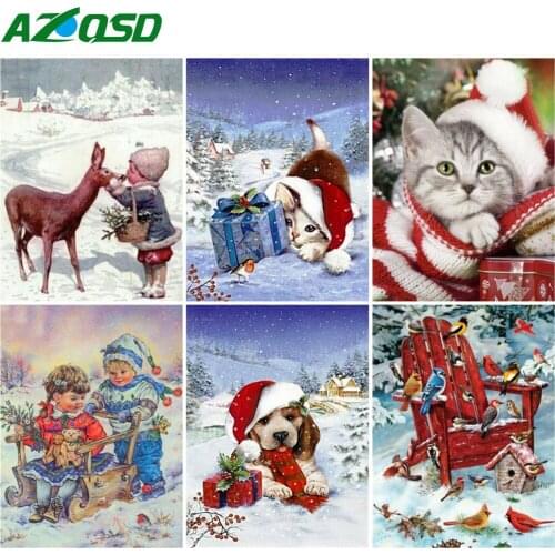 AZQSD 5D Diamond Embroidery Dog Cat Christmas Mosaic Handicraft Diamond Painting Snow Animal Cross Stitch Rhinestones Home Decor