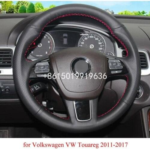 Black Leather Hand-stitched Car Steering Wheel Cover for Volkswagen Touareg 2011-2017