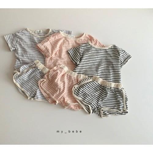 Infant Summer Striped Leisure Short Sleeves Suit Net Loose T-shirt Shorts Two-Piece Set