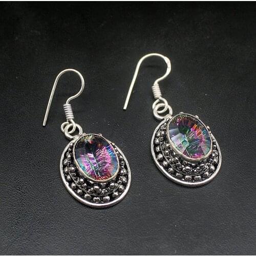 Hermosa Fantasy Pretty Rainbow Fire Topaz Silver Color Jewelry Gifts Dangle Drop Earrings for Women Girls 1 1/2 Inch FQ102