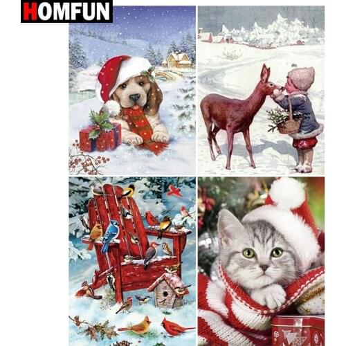 HOMFUN Paint With Diamond Embroidery "Christmas cat dog animal" Diamond Painting Full Square Round Picture Of Rhinestone Decor