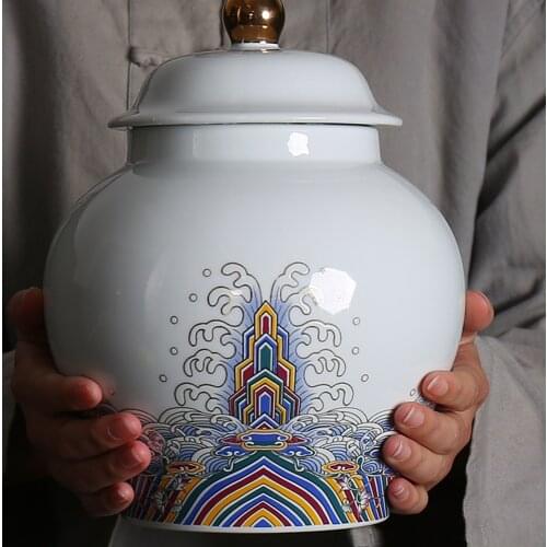 Chinese Palace Ceramic Tea Caddy Blue and White Porcelain Living Room Furnishings Classic Vintage Home Decor Crafts Storage Jar