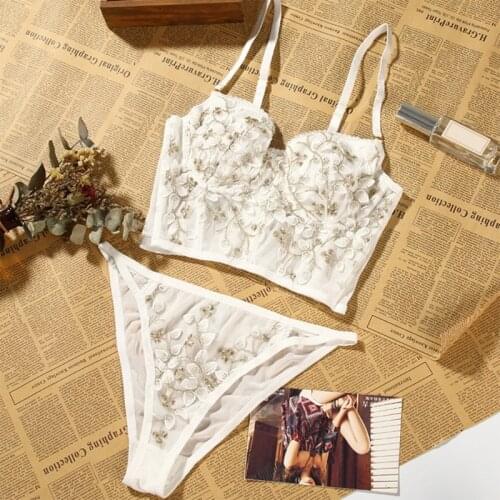 Women Embroidered Floral Lingerie Set Push Up Underwire Bustier Corset Bra and Low Waist Panty Sexy Sheer Mesh Underwear
