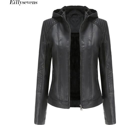 Detachable Hood Plush Women Faux Leather Jacket Autumn Street Coat Soft Loose Vintage Biker Coat Short Pockets Motor Pu Jacket