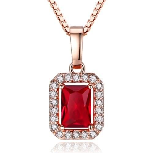 Fashion Luxury Rose Gold Square Pendant Necklace Womens Wedding Engagement Red Crystal Zircon Necklace Party Jewelry Gift