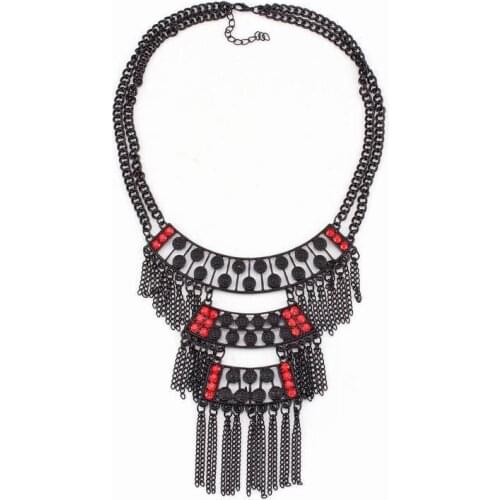 Wholesale New Fashion Crystal Necklace Women Double Bib Black Chain Statement Chunky Pendant Tassel Party Necklace