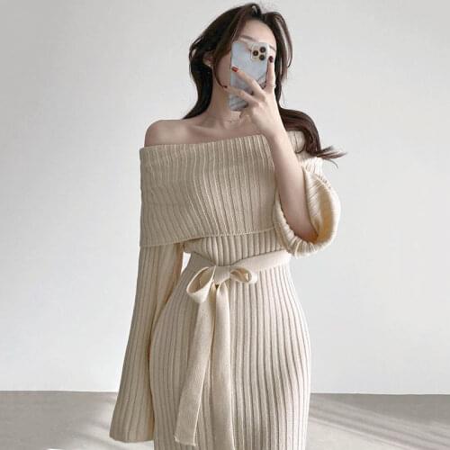 Autumn Gentle Sexy Off Shoulder Long Sleeve Slash Neck Knitted Dress Women Belt Temperament All-match Wrap Hip Sweaters Korean