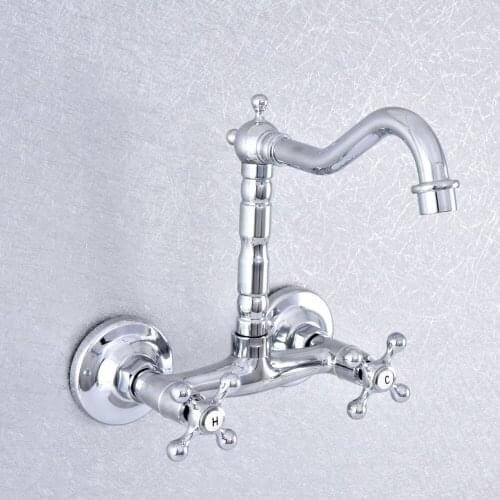 Silver Color Polished Chrome Brass Wall Mounted Bathroom Kitchen Sink Faucet Swivel Spout Mixer Tap Dual Cross Handles msf784