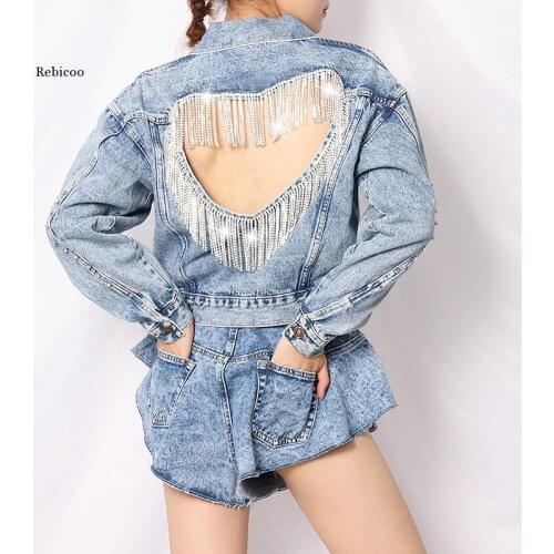 Denim Jacket Female Light Blue Diamond Tassel Coat Single-Breasted Open Back Women Jeans Coat Autumn Fashion New Clothing