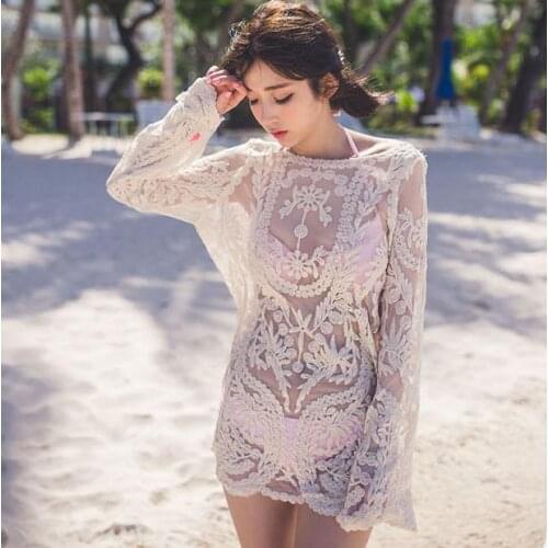 Bohemian Style Crocheted Flower Transparent Lace Long Sleeve Loose Blouse Bikini Outer Beach Top Women Summer Tops Free Shipping