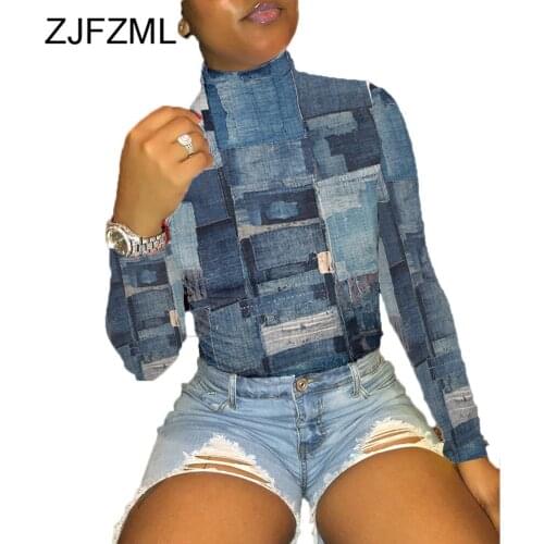 Turtleneck Long Sleeve Tops Women Slim Fit Sexy High Waist Top Ladies Young Style Blue Denim Print 2021 Autumn Winter Wear Tops