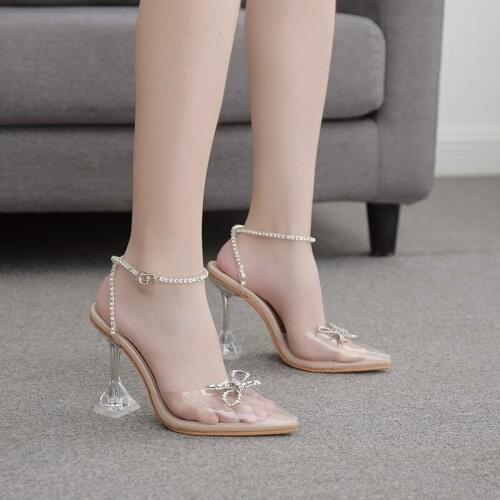 2021 New Sexy PVC transparent pointed toe perspex high heel women pumps crystal rhinestone bowtie ladies party wedding shoes