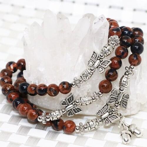 Top quality fashion natural stone blue gold-color sandstone multilayer long bracelets for women 6mm round beads jewelry B2218