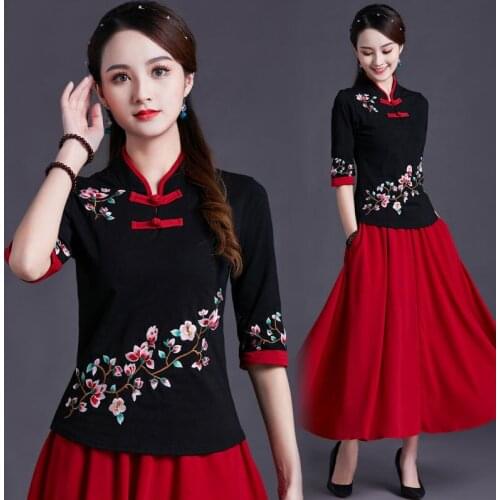 New Cheongsam Womens Plus Size Tops 2021 Autum Fashion Splicing Stand Collar Embroidery Chinese Style Qipao Shirts Woman