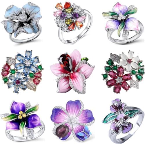 Trendy Multi-style Multi-color Zircon Red Princess Cut Crystal Flower Ring for Women Wedding Party Jewelry Whole Sale