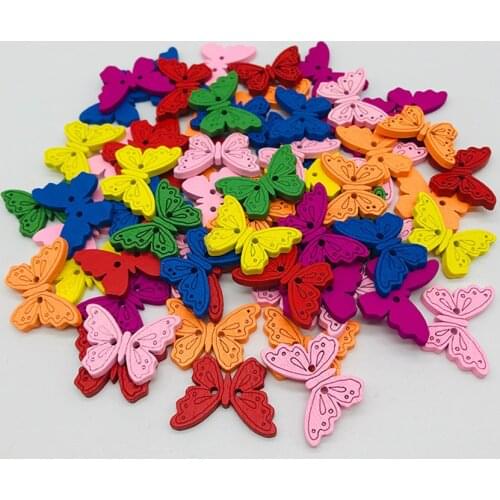50pcs 25mm Mixed Wood Butterfly Sewing Buttons For Kids Clothes Scrapbooking Decorative Botones Handicraft DIY Accessories