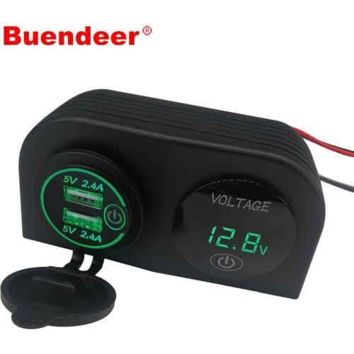 Buendeer 12/24V Touch Switch Dual USB Car Charger Voltmeter/Battery Capacity Monitor Power Socket Two Hole Tent Base Waterproof
